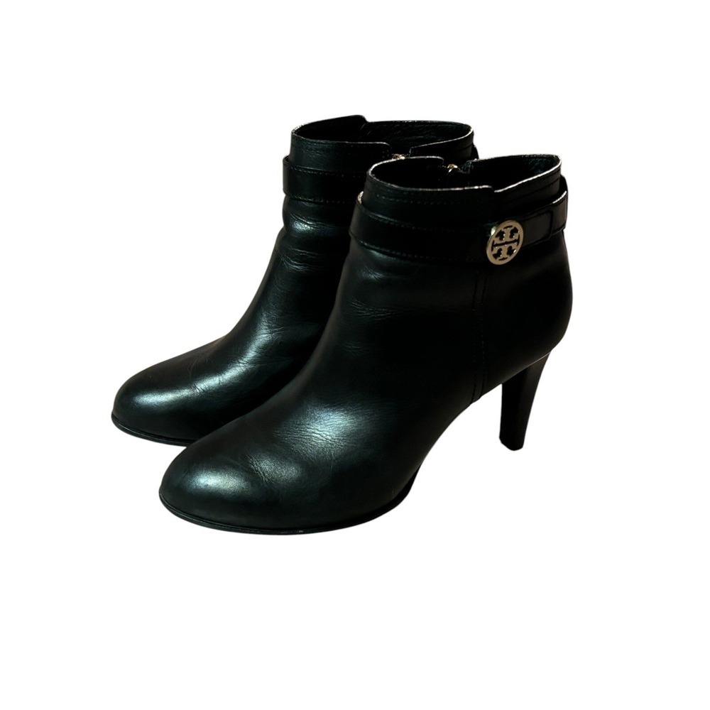 TORY BURCH Boots sz 10.5 Bristol Black Smooth Leather Calf Ankle Booties TB LOGO